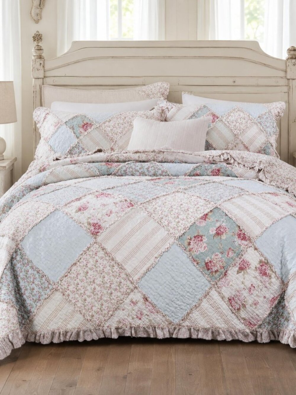 Hint of Mint Floral Cotton Patchwork Quilt Set, Twin, 2-Piece